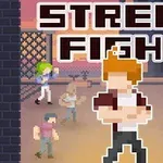Pixel tarzında karakterlerin kavgaya hazırlandığı bir sokak sahnesi