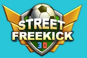 Yeşil kalkan üzerine yerleştirilmiş futbol topu ve sarı kanatlar eşliğinde Street Freekick 3D yazısı