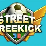 Yeşil kalkan üzerine yerleştirilmiş futbol topu ve sarı kanatlar eşliğinde Street Freekick 3D yazısı