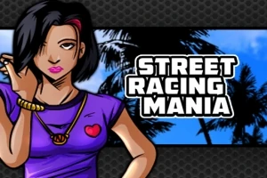 Siyah kısa saçlı, mor tişörtlü bir kadın karakter, palmiyeler önünde Street Racing Mania yazısıyla birlikte
