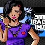 Siyah kısa saçlı, mor tişörtlü bir kadın karakter, palmiyeler önünde Street Racing Mania yazısıyla birlikte
