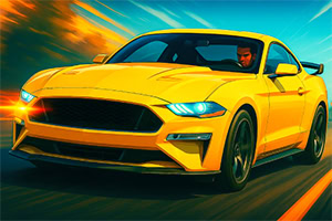 Sarı spor araba, yolda hızla ilerlerken erkek bir sürücü tarafından kullanılıyor