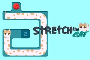 Uzun bir kedi figürü ve üzerinde Stretch the Cat yazısı bulunan mavi arka planlı bir görüntü