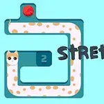 Uzun bir kedi figürü ve üzerinde Stretch the Cat yazısı bulunan mavi arka planlı bir görüntü