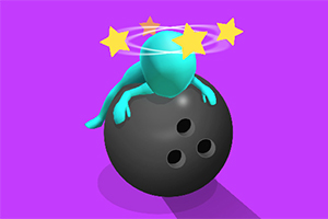 Mor bir arka plan üzerinde, üstünde yıldızlar dönen bir figüran, büyük bir bowling topunun üzerinde yer alıyor