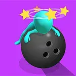 Mor bir arka plan üzerinde, üstünde yıldızlar dönen bir figüran, büyük bir bowling topunun üzerinde yer alıyor