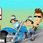 Gözlük takmış bir karakter, mavi bir motosiklet üzerinde sürüş yapıyor ve arka planda stilize binalar bulunuyor