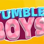Sarı arka planda, üzerinde Stumble Boys yazısı olan renkli ve stilize edilmiş bir logo