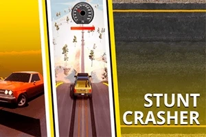 Kırmızı ve sarı renklerde araçların yer aldığı bir yol sahnesi; ortada hız göstergesi ve arka planda ağaçlar bulunuyor, sağ altta Stunt Crasher yazısı var