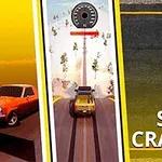 Kırmızı ve sarı renklerde araçların yer aldığı bir yol sahnesi; ortada hız göstergesi ve arka planda ağaçlar bulunuyor, sağ altta Stunt Crasher yazısı var