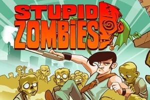 Karikatür tarzında bir adam elinde tüfek tutuyor ve etrafında zombiler var