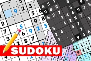 Birkaç farklı renkli sudoku bulmacası ve üzerinde bir kalemle büyük kırmızı Sudoku yazısı
