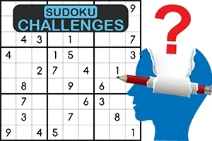 Bir Sudoku bulmacası, mavi bir kafa silueti, kırmızı bir soru işareti ve kalem detaylarıyla gösterilmektedir