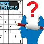 Bir Sudoku bulmacası, mavi bir kafa silueti, kırmızı bir soru işareti ve kalem detaylarıyla gösterilmektedir