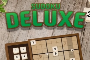 Ahşap zemin üzerinde sudoku bulmacası ve yeşil büyük harflerle yazılmış Sudoku Deluxe metni