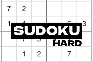 Beyaz arka planda kısmen doldurulmuş bir sudoku tablosu, ortasında büyük harflerle SUDOKU HARD yazısı
