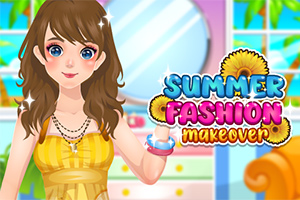 Genç bir kadın sarı elbise giyiyor ve arkada bir makyaj odası ile ortasında Summer Fashion Makeover yazılı grafik üzerinde çiçek desenleri bulunuyor
