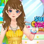 Genç bir kadın sarı elbise giyiyor ve arkada bir makyaj odası ile ortasında Summer Fashion Makeover yazılı grafik üzerinde çiçek desenleri bulunuyor