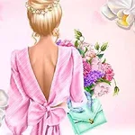 Sırtı açık pembe elbiseli sarı saçlı bir kadın, elinde çiçek demeti ve yeşil bir çanta tutuyor, etrafında beyaz çiçekler var