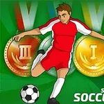 Kırmızı ve beyaz formalar giymiş bir futbolcu, yeşil arka planda futbol topuna vururken, arka planda altın ve bronz madalyalar görülüyor