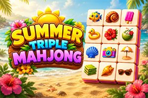 Tropik sahilde çiçekler ve palmiye yaprakları arasında renkli Summer Tile Mahjong yazısı ve yaz temalı taşlar