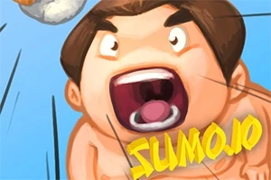 Kolları açık, ağzı açık şekilde bağıran karikatür tarzında bir sumo güreşçisi ve üzerinde SUMO