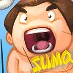Kolları açık, ağzı açık şekilde bağıran karikatür tarzında bir sumo güreşçisi ve üzerinde SUMO