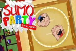 Sumo güreşçilerini yukarıdan gösteren bir arenada, renkli bir başlık ve 1-4 Players ifadesi