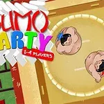 Sumo güreşçilerini yukarıdan gösteren bir arenada, renkli bir başlık ve 1-4 Players ifadesi