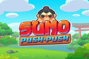Karikatür tarzında bir sumocu ve SUMO PUSH PUSH yazısının yer aldığı renkli bir manzara