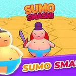 Renkli bir savaş alanında sevimli ve yuvarlak iki sumo karakteri, biri mavi biri mor giyimli, karşı karşıya