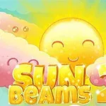Gülen bir yüz ifadesi olan güneş ve pembe bulutlar arasında Sun Beams 2 yazısı