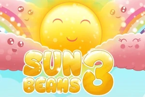 Gülen yüzlü bir güneş, renkli gökkuşakları ve pembe bulutlar arasında, üzerinde Sun Beams 3 yazılı parlak bir yazı ile çevrelenmiş