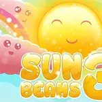 Gülen yüzlü bir güneş, renkli gökkuşakları ve pembe bulutlar arasında, üzerinde Sun Beams 3 yazılı parlak bir yazı ile çevrelenmiş