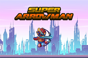 Robot bir karakter, şehrin silüeti önünde okla nişan alıyor, üst kısımda Super Arrowman yazısı