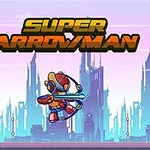 Robot bir karakter, şehrin silüeti önünde okla nişan alıyor, üst kısımda Super Arrowman yazısı