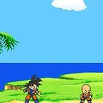Üç anime karakteri, palmiye ağaçlarıyla çevrili yeşil bir alanda, deniz ve açık mavi bir gökyüzü önünde duruyor