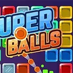 Renkli kare blokların üzerinde Super Balls yazılı bir tasarım ve vurulmak üzere olan turuncu bir top