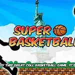 Ön planda basketbol topu ve potası bulunan, arka planda Özgürlük Heykeli ile bulutlu bir gökyüzü üzerinde Super Basketball yazılı ilgi çekici bir grafik