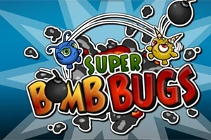 Mavi ve sarı sevimli yaratıkların bombalarla çevrili olduğu, SUPER BOMB BUGS yazılı renkli çizgi film tarzı bir görsel