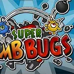 Mavi ve sarı sevimli yaratıkların bombalarla çevrili olduğu, SUPER BOMB BUGS yazılı renkli çizgi film tarzı bir görsel