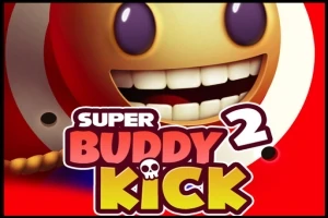 Gülen bir yüz ifadesi ve büyük harflerle yazılmış Super Buddy Kick 2 metni bulunan kırmızı arka plan
