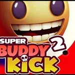 Gülen bir yüz ifadesi ve büyük harflerle yazılmış Super Buddy Kick 2 metni bulunan kırmızı arka plan