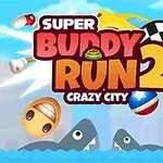 Super Buddy Run 2: Crazy City yazısı, arka planda şehir ve su üzerinde köpekbalığı yüzgeçleriyle birlikte öne çıkıyor