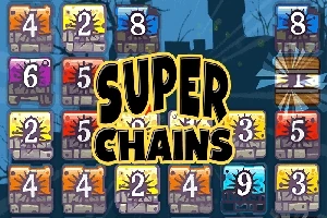 Renkli bloklar üzerinde sayılar ve ortada Super Chains metni bulunan bir oyun ekranı