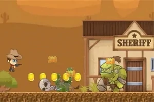 Kovboy şapkalı bir karakter, bir sheriff binasının önünde altın paraların toplandığı ve bir iskeletle yeşil yaratığın karşısında durduğu çizgi film tarzı bir sahnede