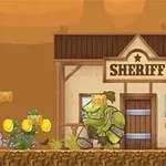 Kovboy şapkalı bir karakter, bir sheriff binasının önünde altın paraların toplandığı ve bir iskeletle yeşil yaratığın karşısında durduğu çizgi film tarzı bir sahnede