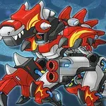 Kırmızı ve gri zırhlarla kaplanmış, robotik dinozor benzeri mekanik bir yaratık