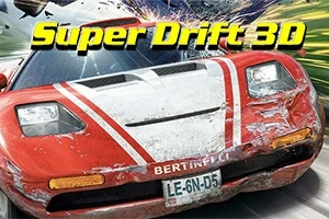 Super Drift 3D Kırmızı spor araba, üzerinde beyaz şeritlerle, hareket halinde ve etrafında çatlama efektleriyle