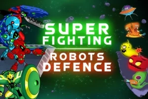 Renkli robotlar ve uzaylı yaratıkların olduğu, Super Fighting Robots Defence yazılı bir uzay sahnesi